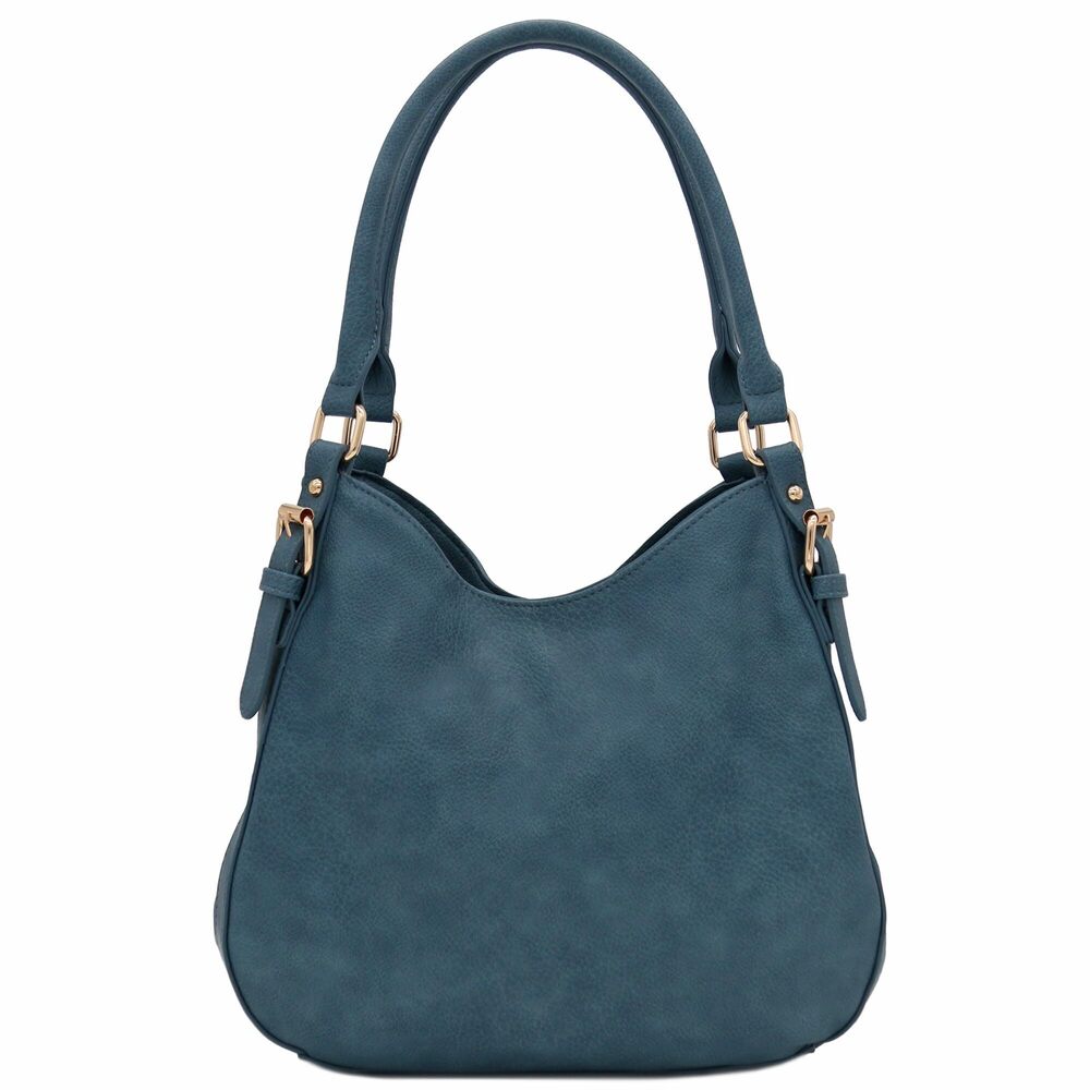 7440 Light-weight 3 Compartment Faux Leather Medium Hobo Bag Blue-Grey
